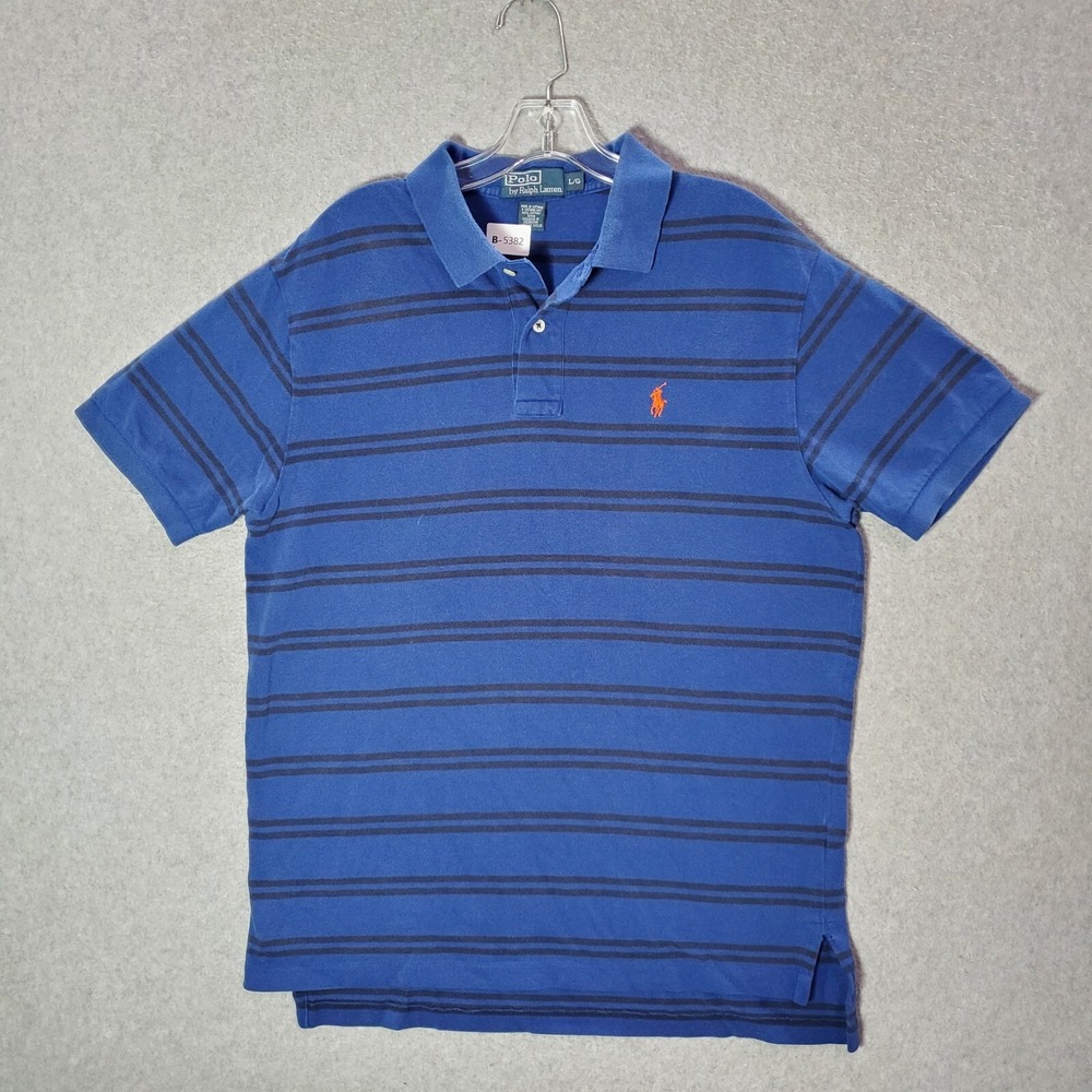 VINTAGE Polo Ralph Lauren Men‎ Polo Shirt L Blue Striped Logo Golf Short Sleeve
